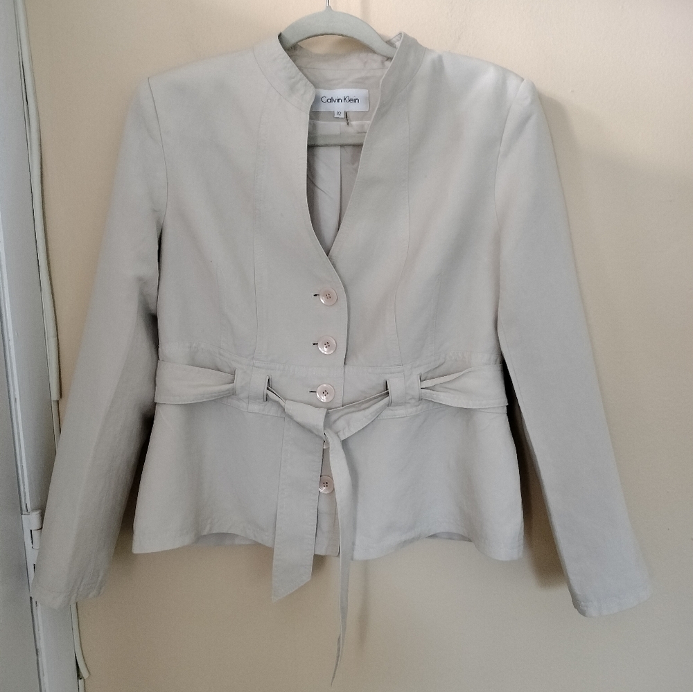 Calvin Klein Linen Blend Tailored Beige Lined Belted Blazer Jacket 12 Office